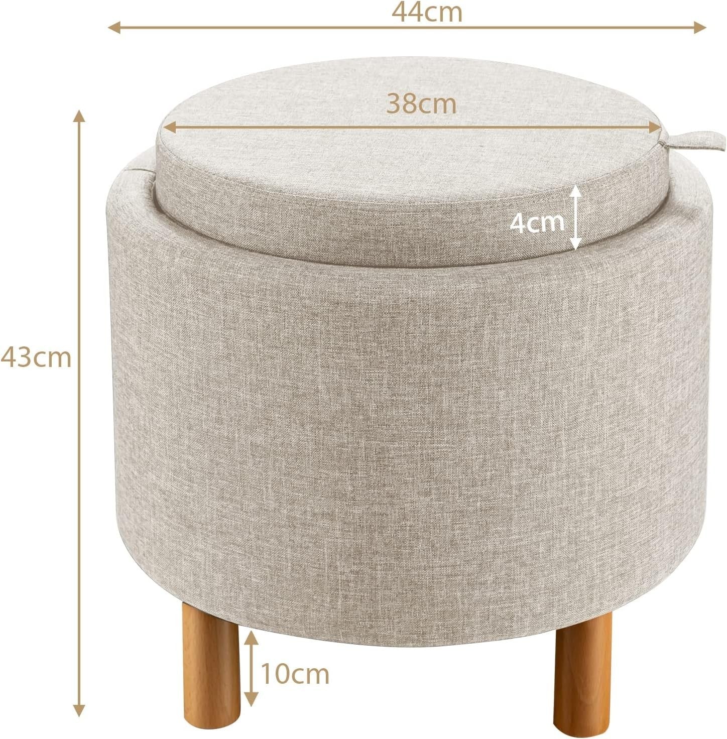 Beige Linen Round Storage Ottoman Stool 4-in-1 Footrest Tray Top Seat
