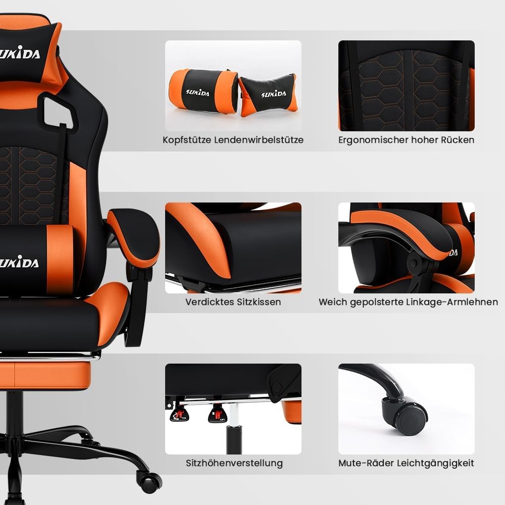 Ergonomic Gaming Chair with Footrest, Massage & Lumbar Support Blackorange