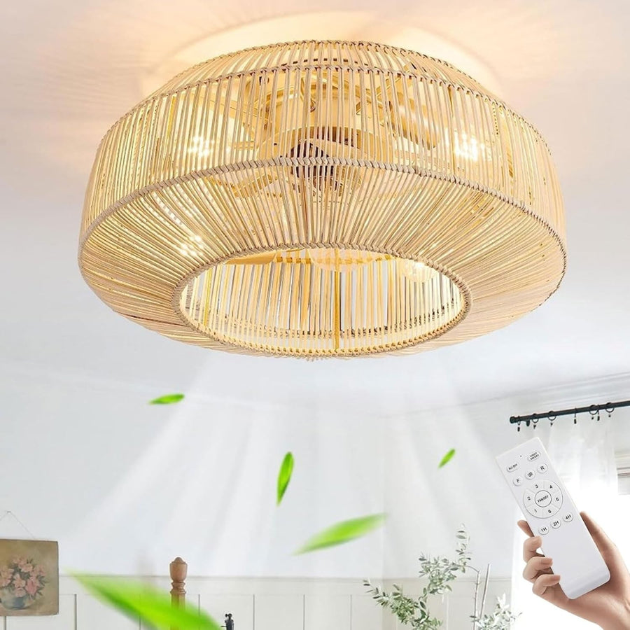 MiiR Rattan Ceiling Fan with Light, 6-Speed, Remote, Vintage Bamboo Design