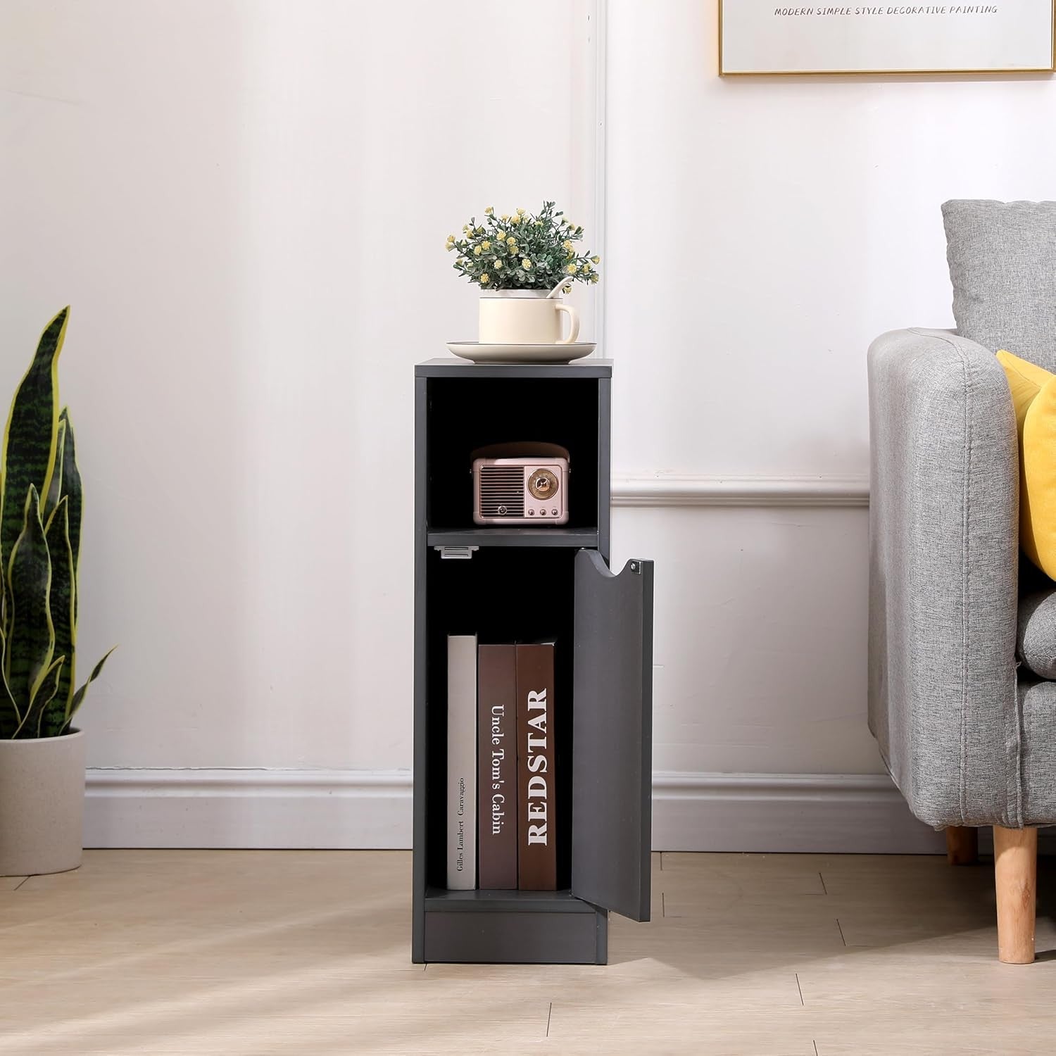 Slim Grey Bedside Table with Drawer & Shelf, Narrow Modern Nightstand Storage