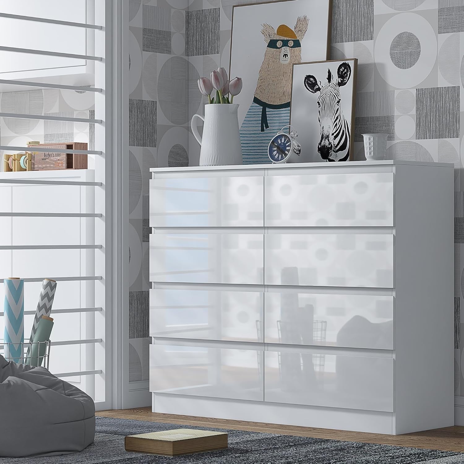 Modern 8 Drawer White Gloss Chest, Minimalist Bedroom Storage Dresser Unit