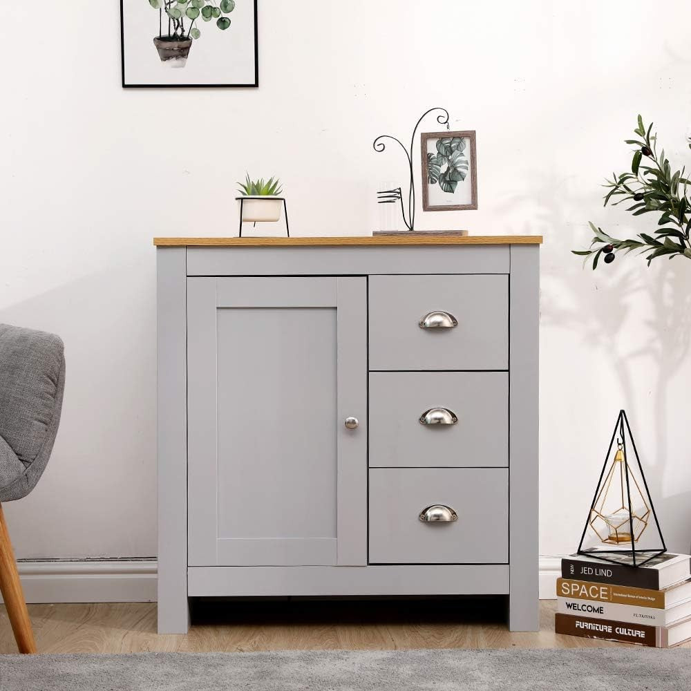 Grey Oak Wooden Side Cabinet 1 Door 3 Drawer Storage Cupboard 79cm