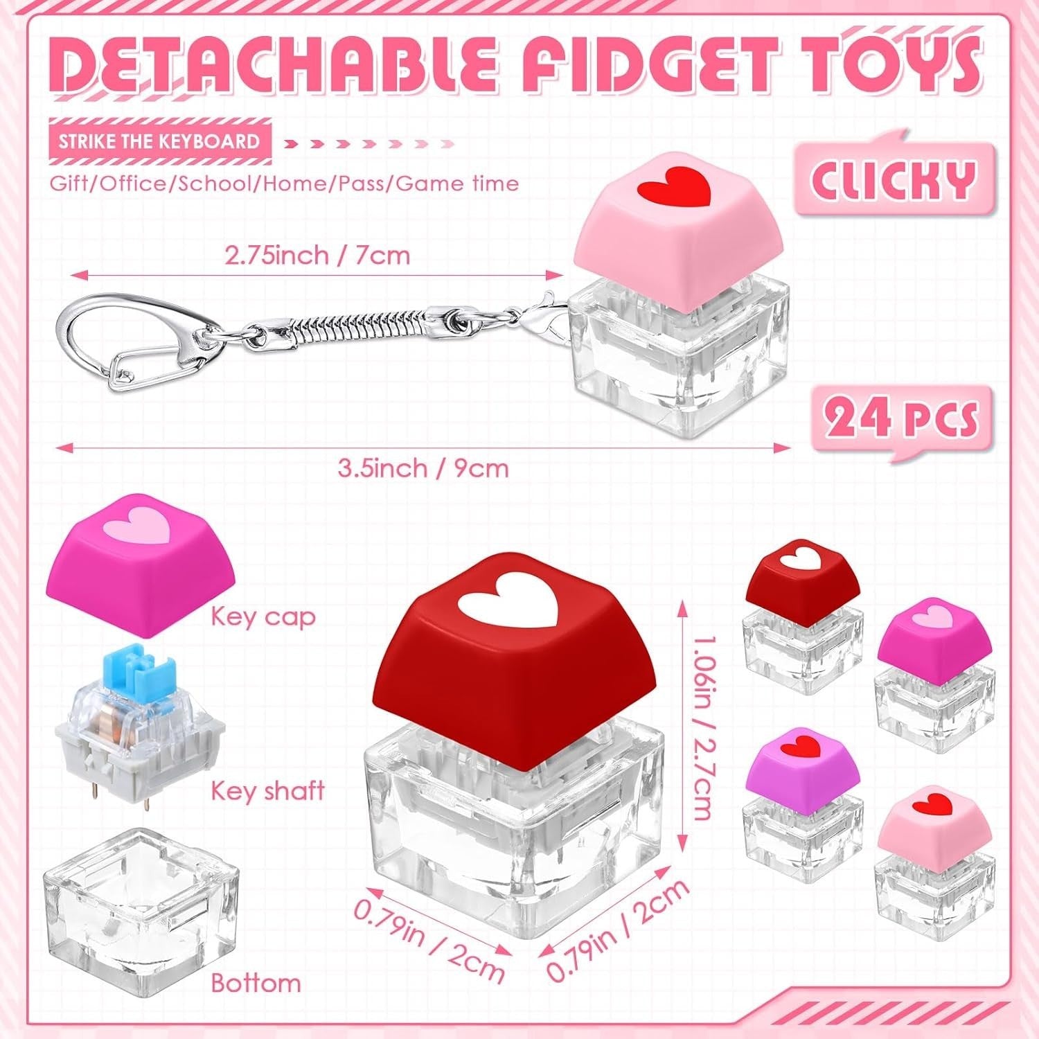 24pcs Heart Keyboard Clicker Fidget Keychain Stress Relief Valentine Gift