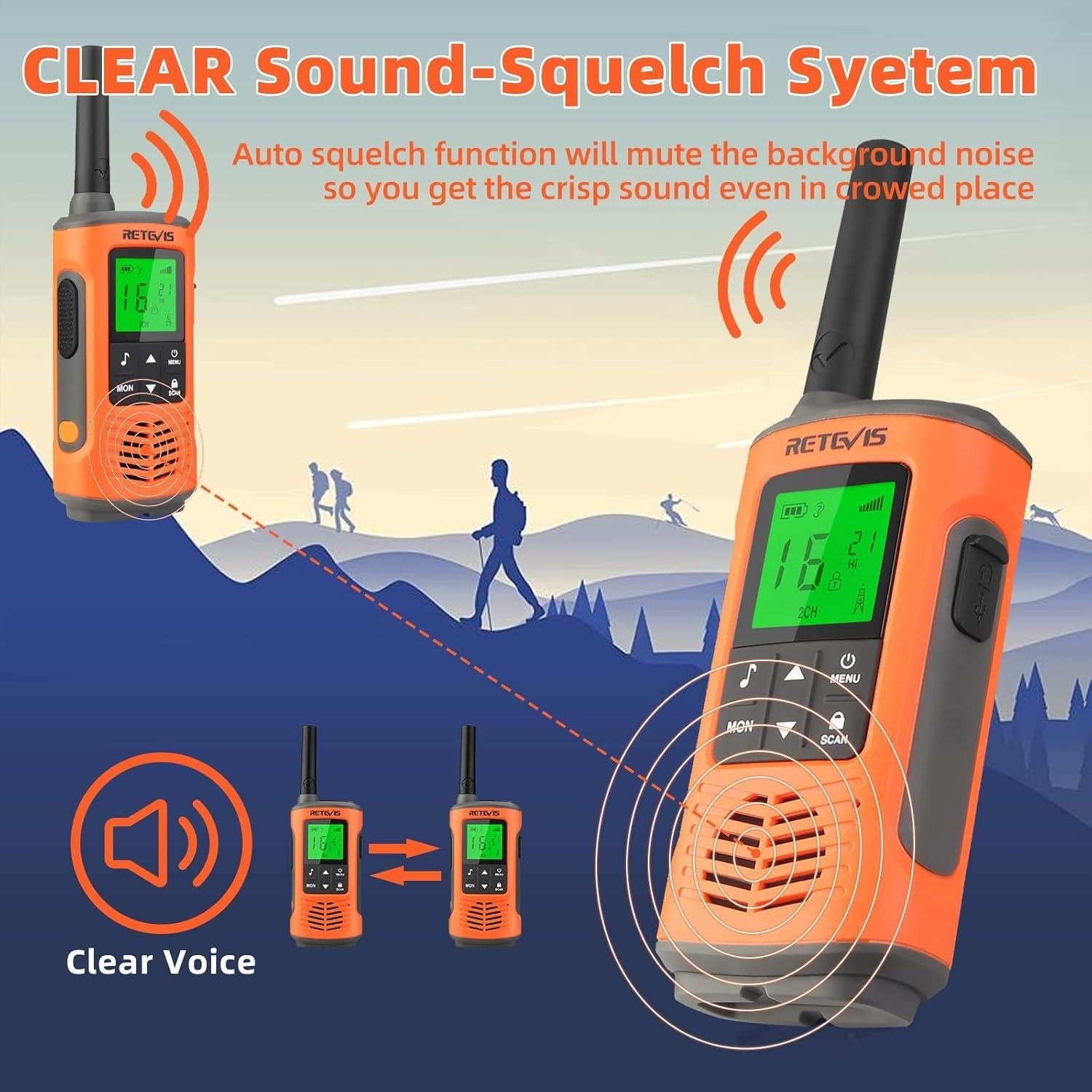 IP67 Waterproof Walkie Talkies PMR446 Rechargeable VOX 16CH 2 Pack