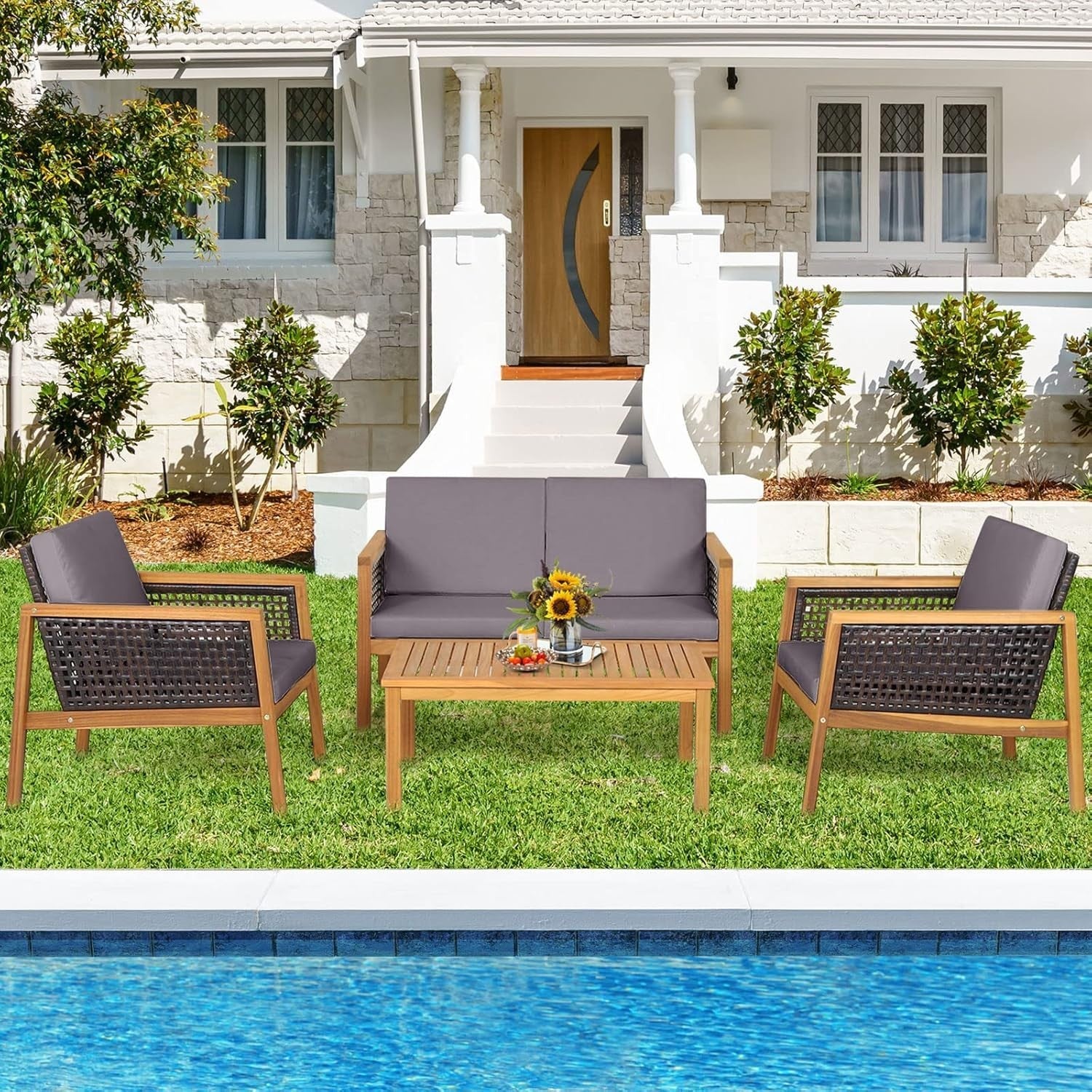 Outdoor 4PC Rattan Sofa Set Wooden Garden Lounge Chairs Coffee Table