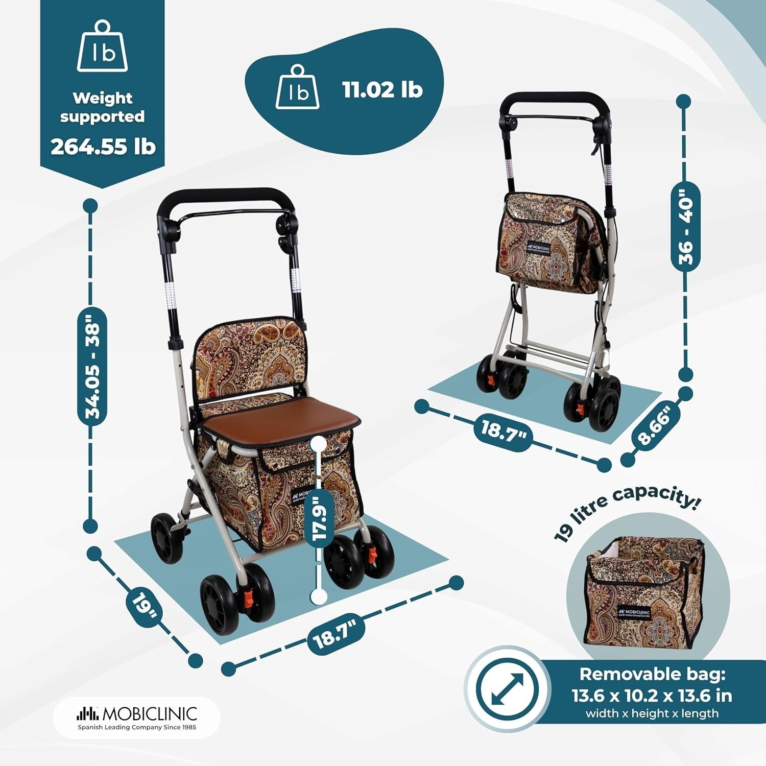 Foldable Adult Shopping Trolley Walker with Seat & Backrest – 21L Printed