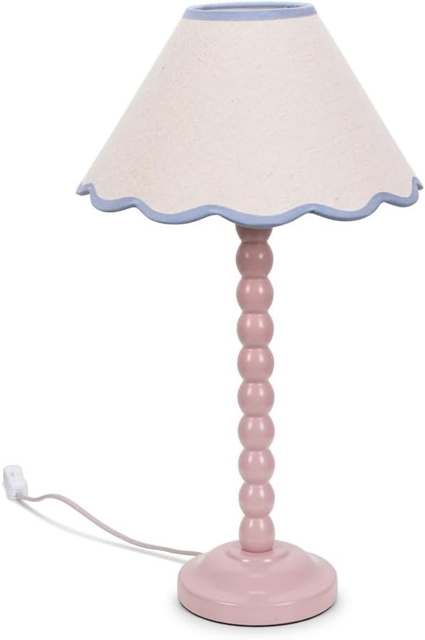 Rose Pink Bobbin Table Lamp Blue Trim Scallop Shade Pastel 45cm
