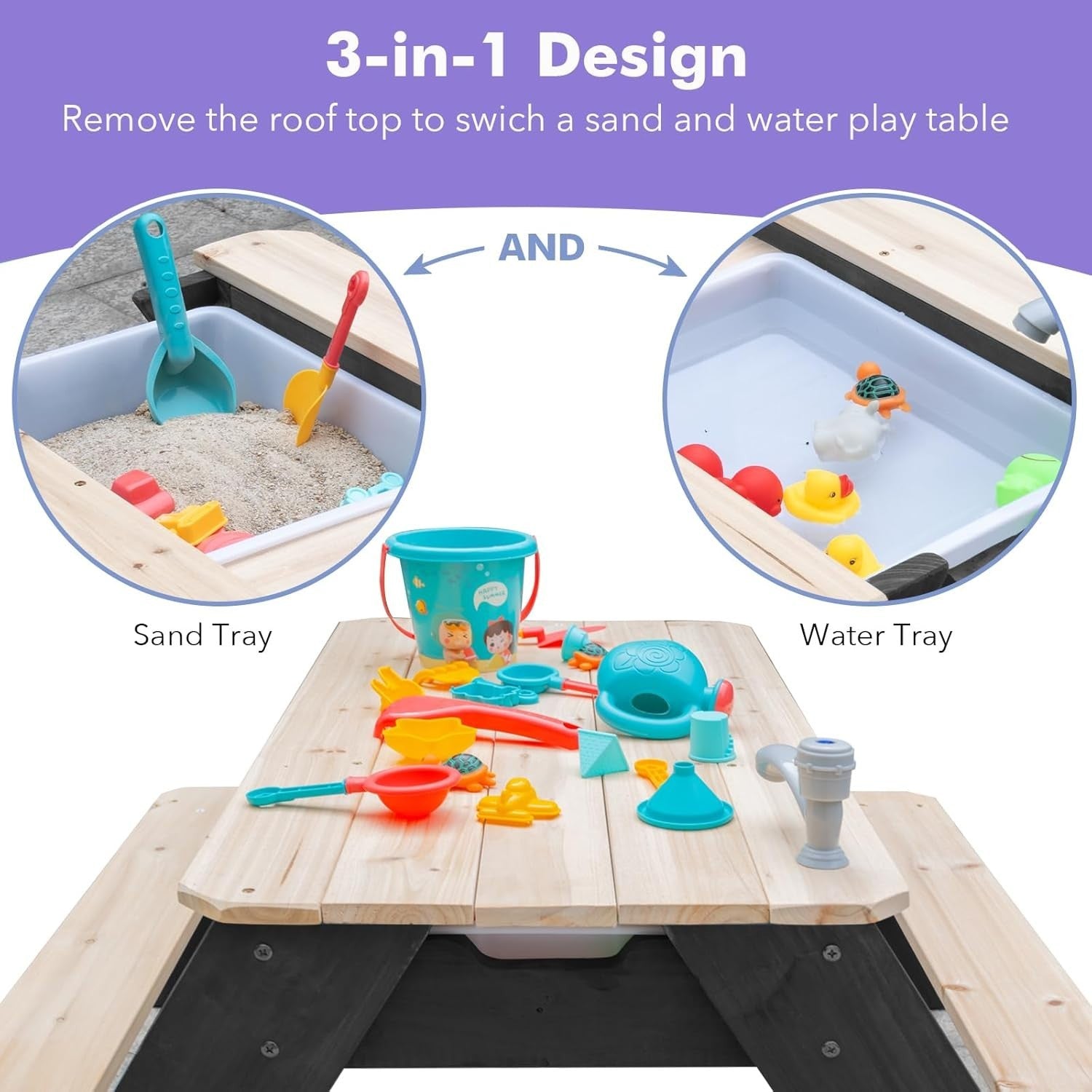 Kids 3-in-1 Sand Water Picnic Table with Umbrella | Outdoor Wood Play