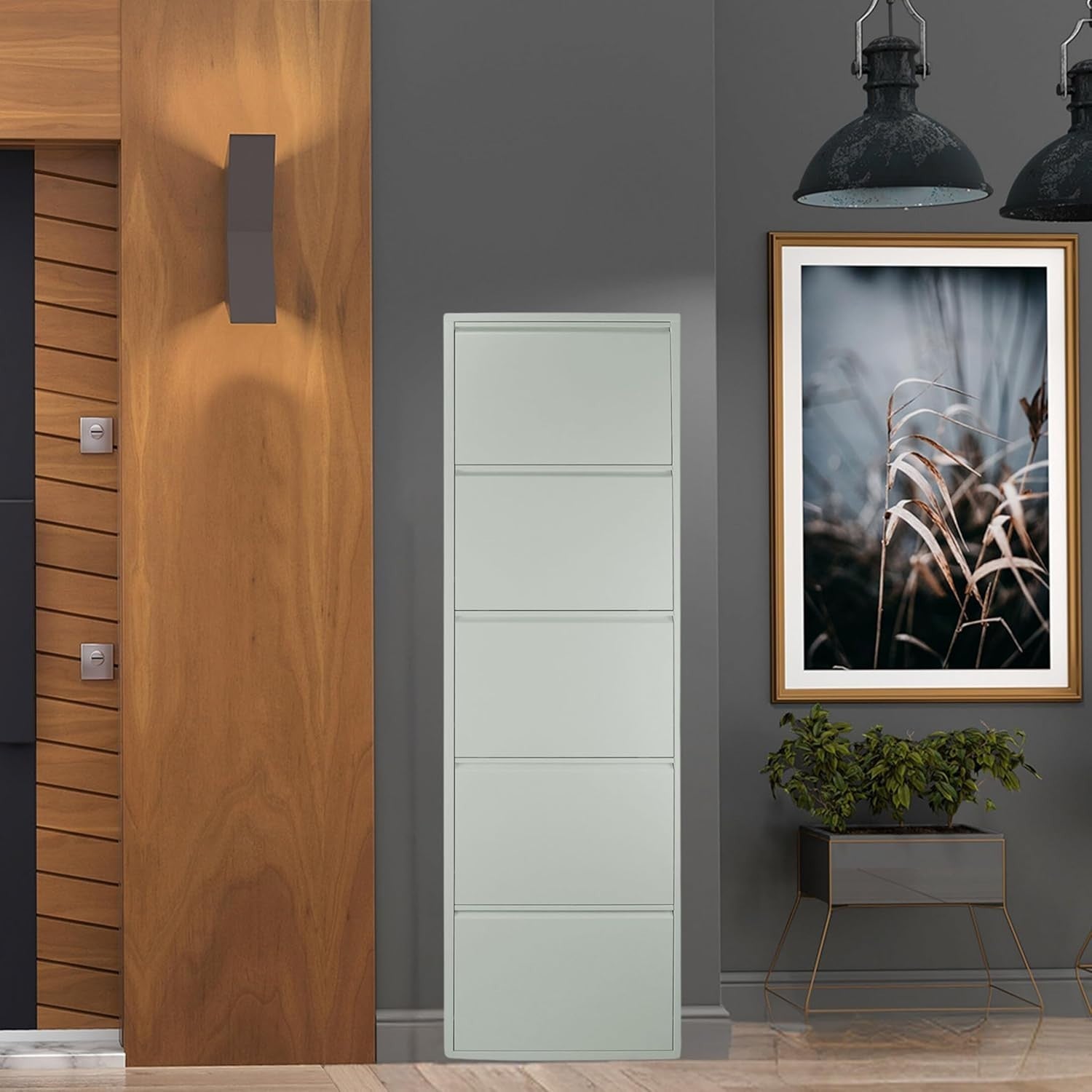 Tall Slim Shoe Storage Cabinet Grey – 5-Tier Metal Wall Mounted Rack