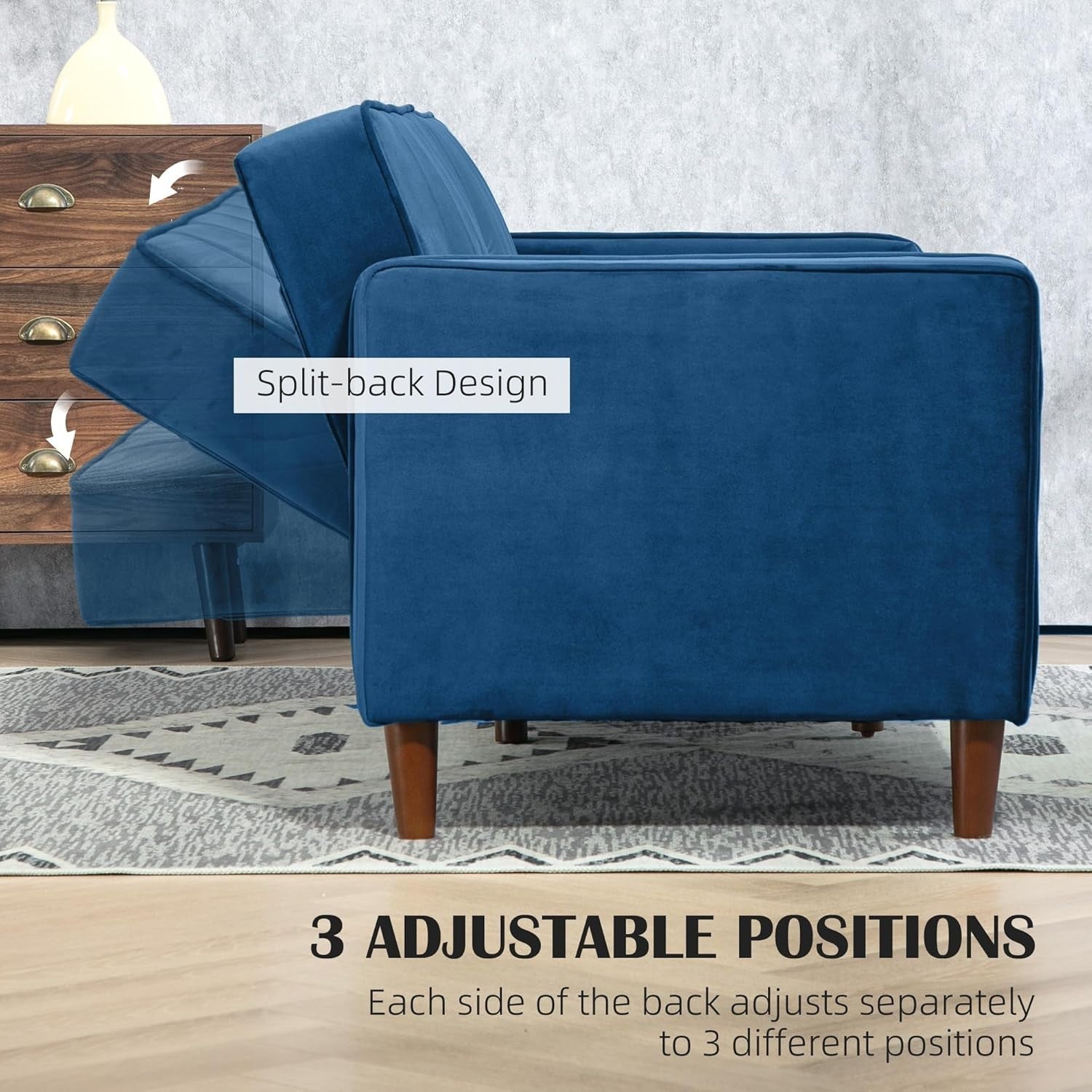 Blue Velvet 3 Seater Sofa Bed Click Clack Recliner Couch Guest Sleeper