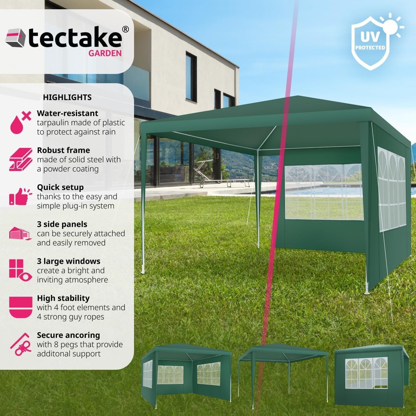 3x3m Green Garden Gazebo Waterproof UV Shelter w/ 3 Side Panels Steel Frame