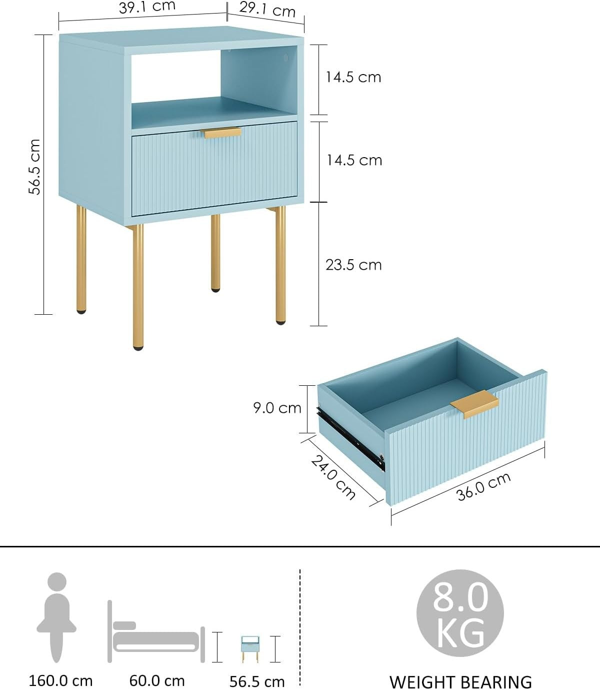 Modern Blue Bedside Table with Drawer & Shelf | Gold Legs Nightstand