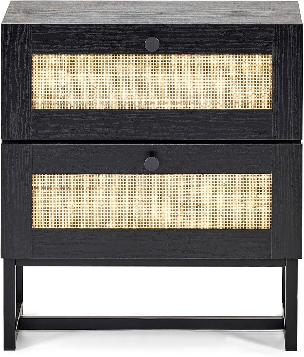 Modern Black 2 Drawer Bedside Table with Rattan Front 50x30x55cm