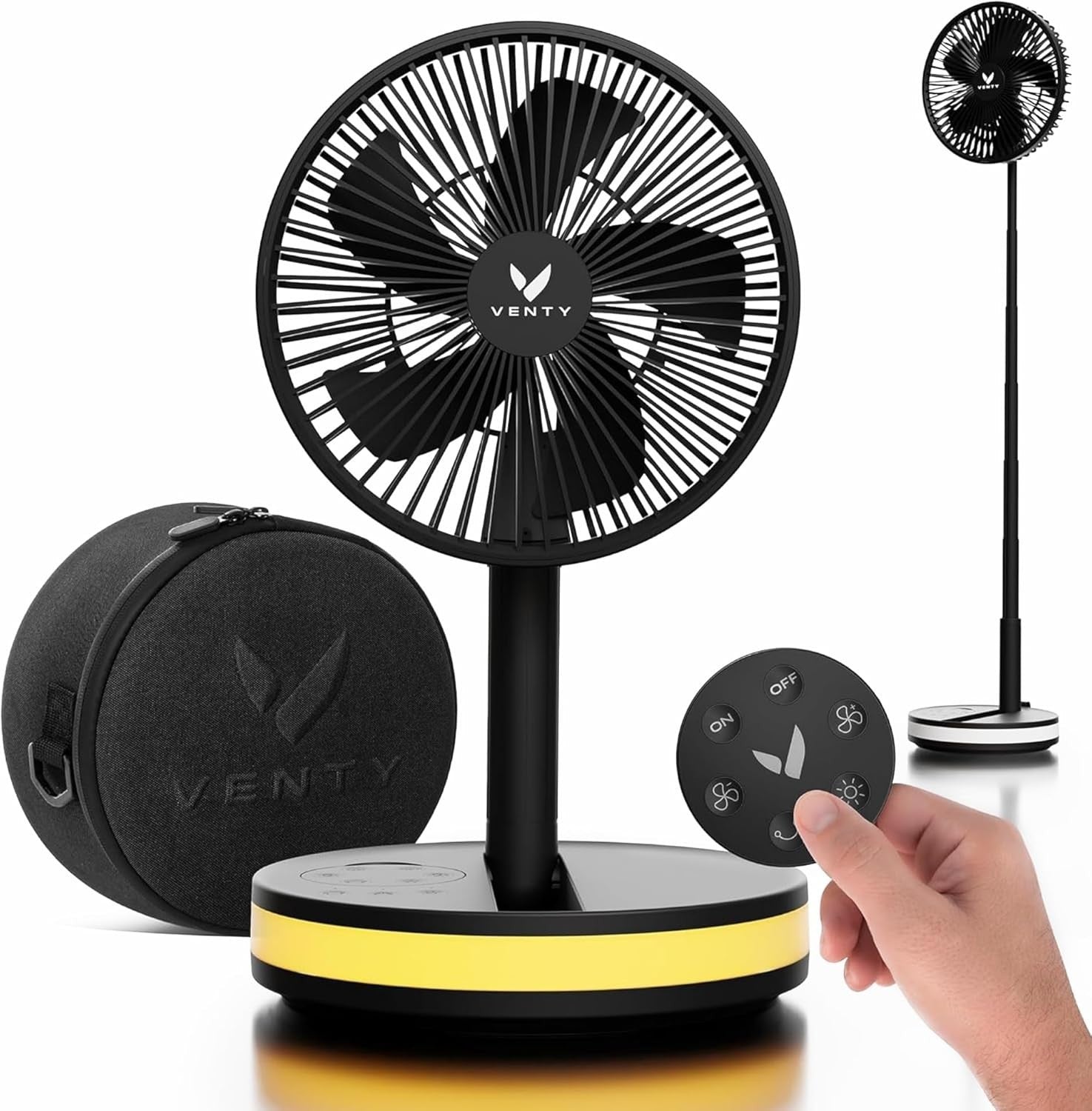 Portable Foldable Fan 4-Speed w Remote LED Light USB-C Rechargeable Black w Case