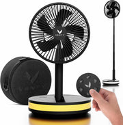 Portable Foldable Fan 4-Speed w Remote LED Light USB-C Rechargeable Black w Case