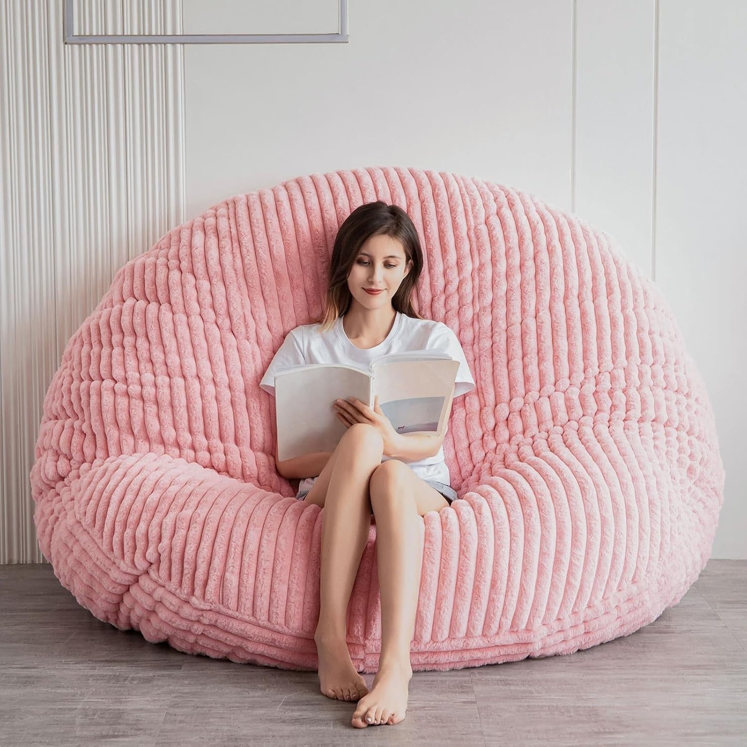 Round Pink Faux Fur Bean Bag Sofa Bed 150x150cm | Comfy Floor Chair