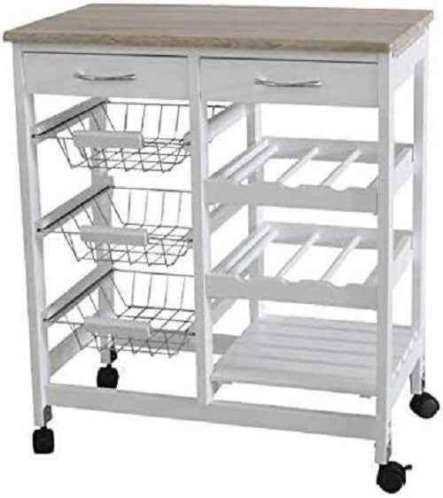 Kitchen Trolley on Wheels with Drawers Basket Storage Lockable White Island