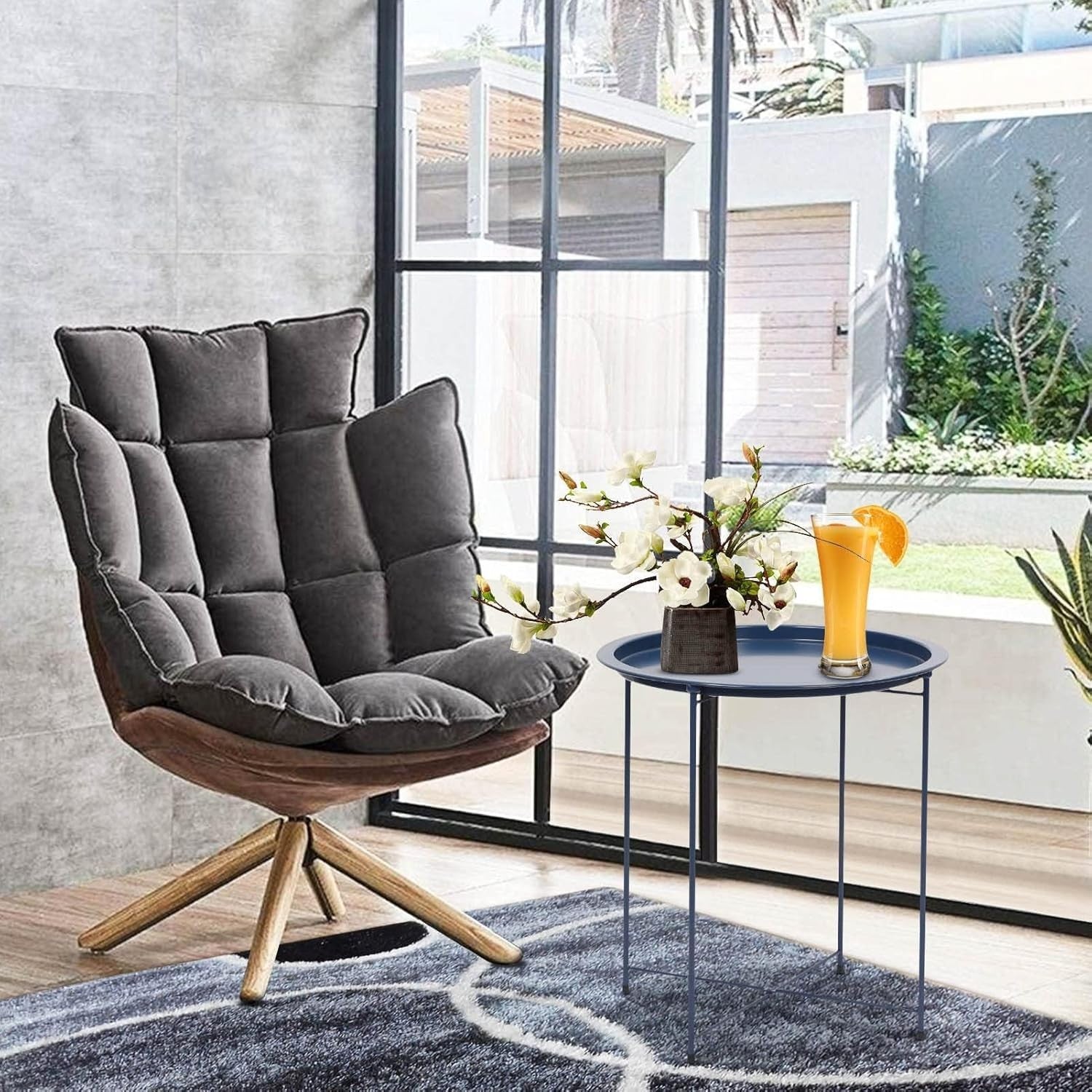 Round Tray Side Table with Removable Tray – 47x50cm Gray Blue Metal Table