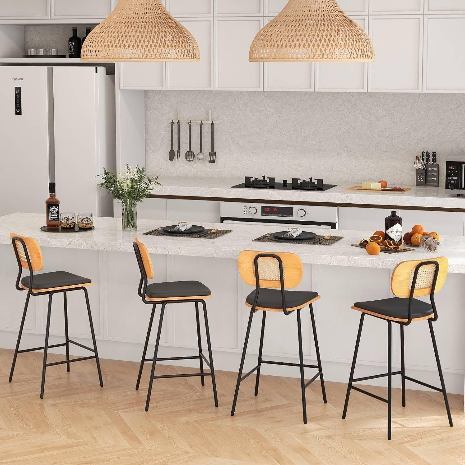 Bar Stools Set of 2 Black PU Leather Rattan Back Counter Chairs