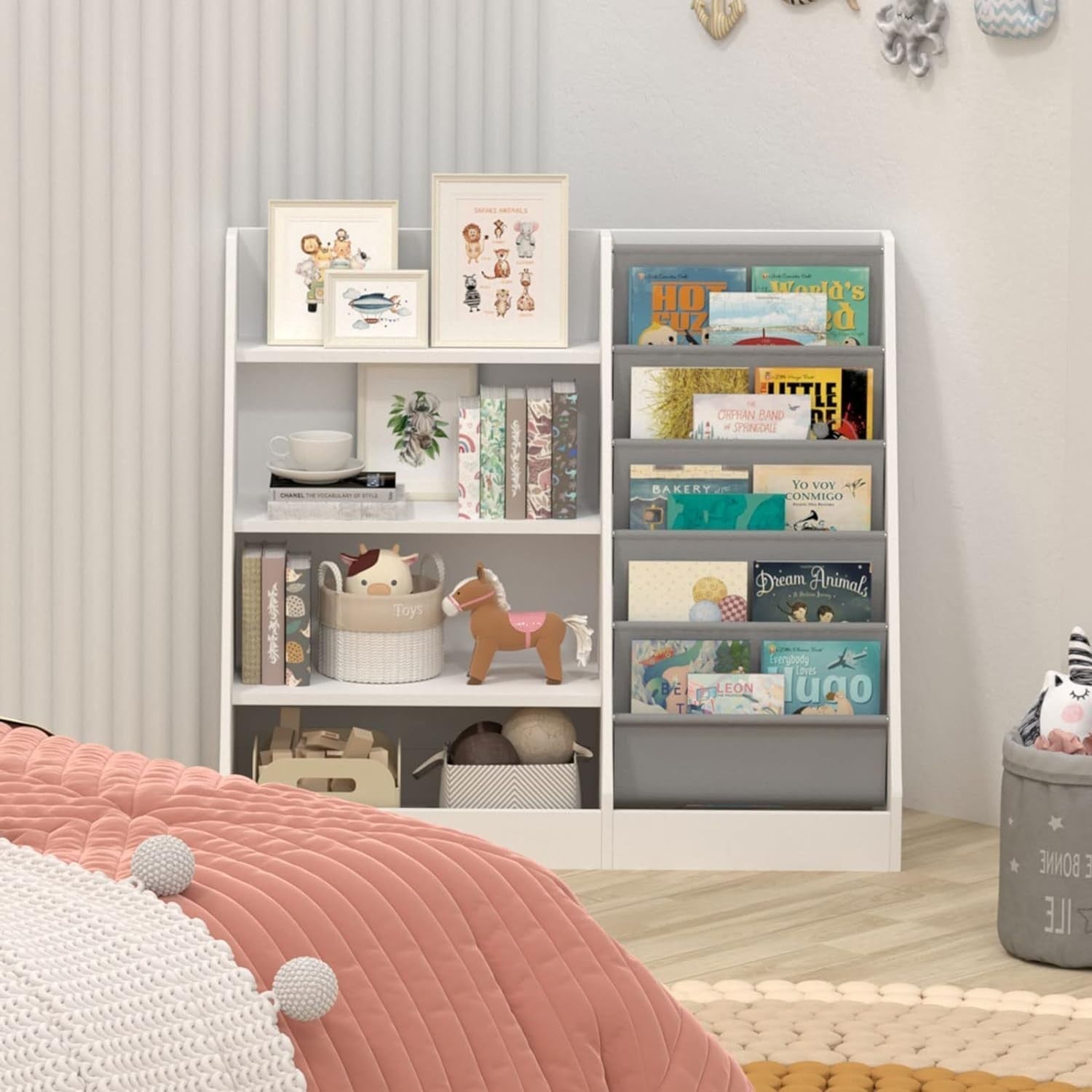 Kids Bookshelf with 5 Sling Pockets & 4 Shelves – Wooden Toy Organizer White