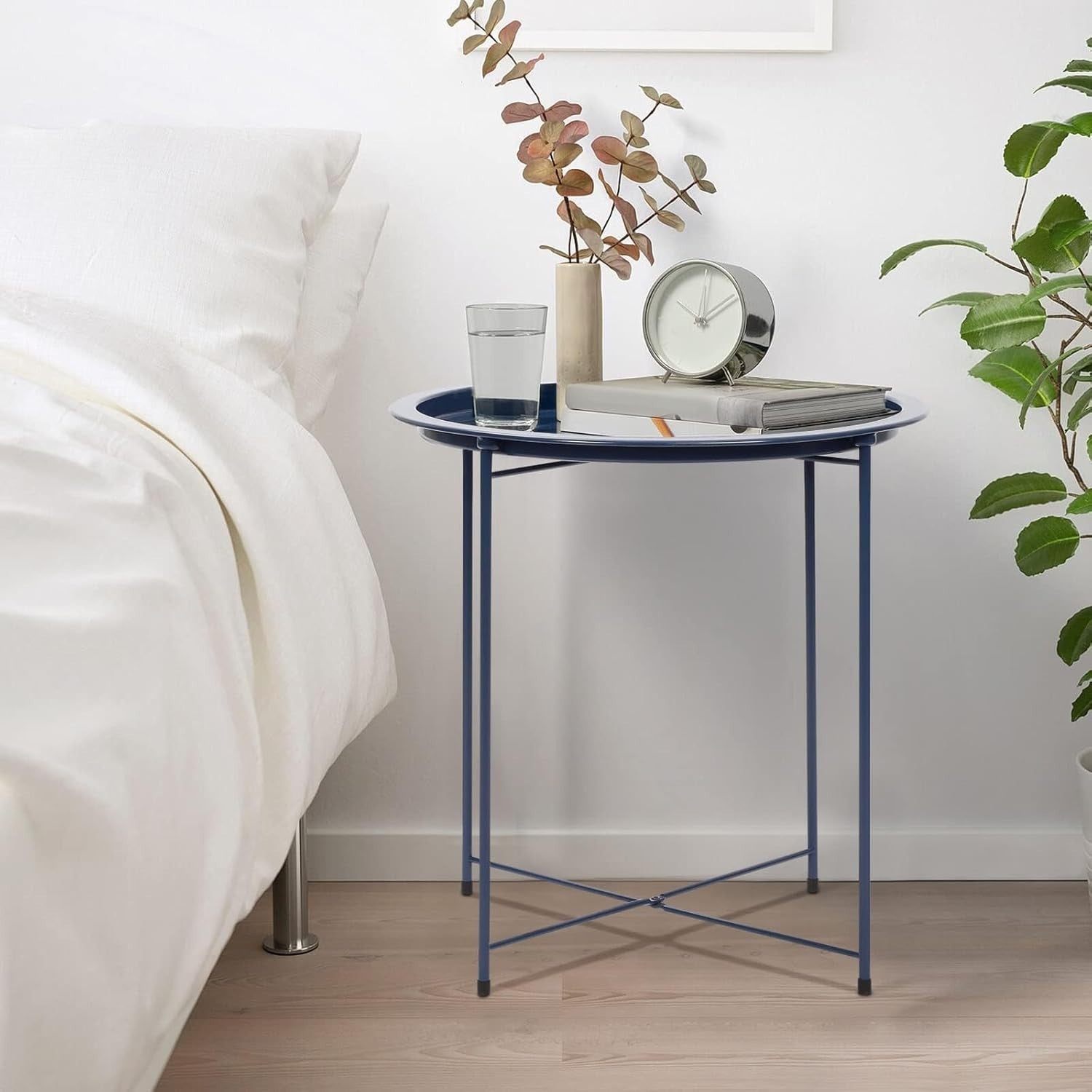 Round Tray Side Table with Removable Tray – 47x50cm Gray Blue Metal Table