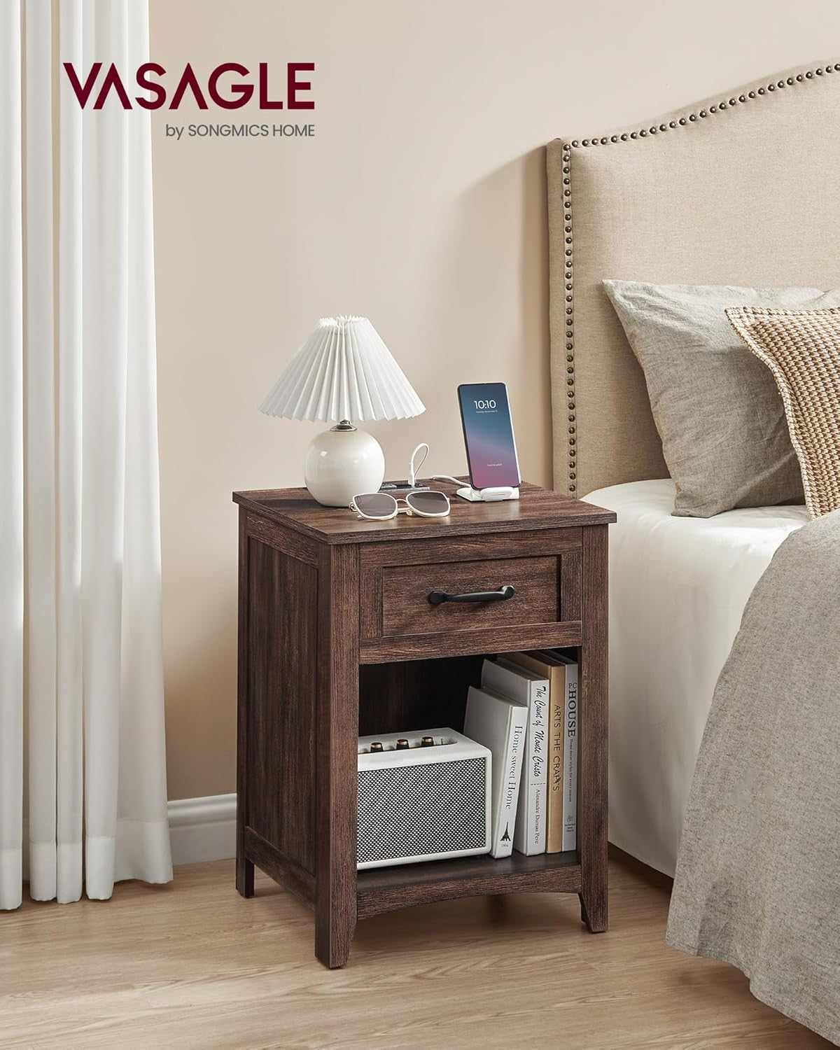 Farmhouse Bedside Table with Charging Station, Drawer & Open Shelf – Maroon Brow