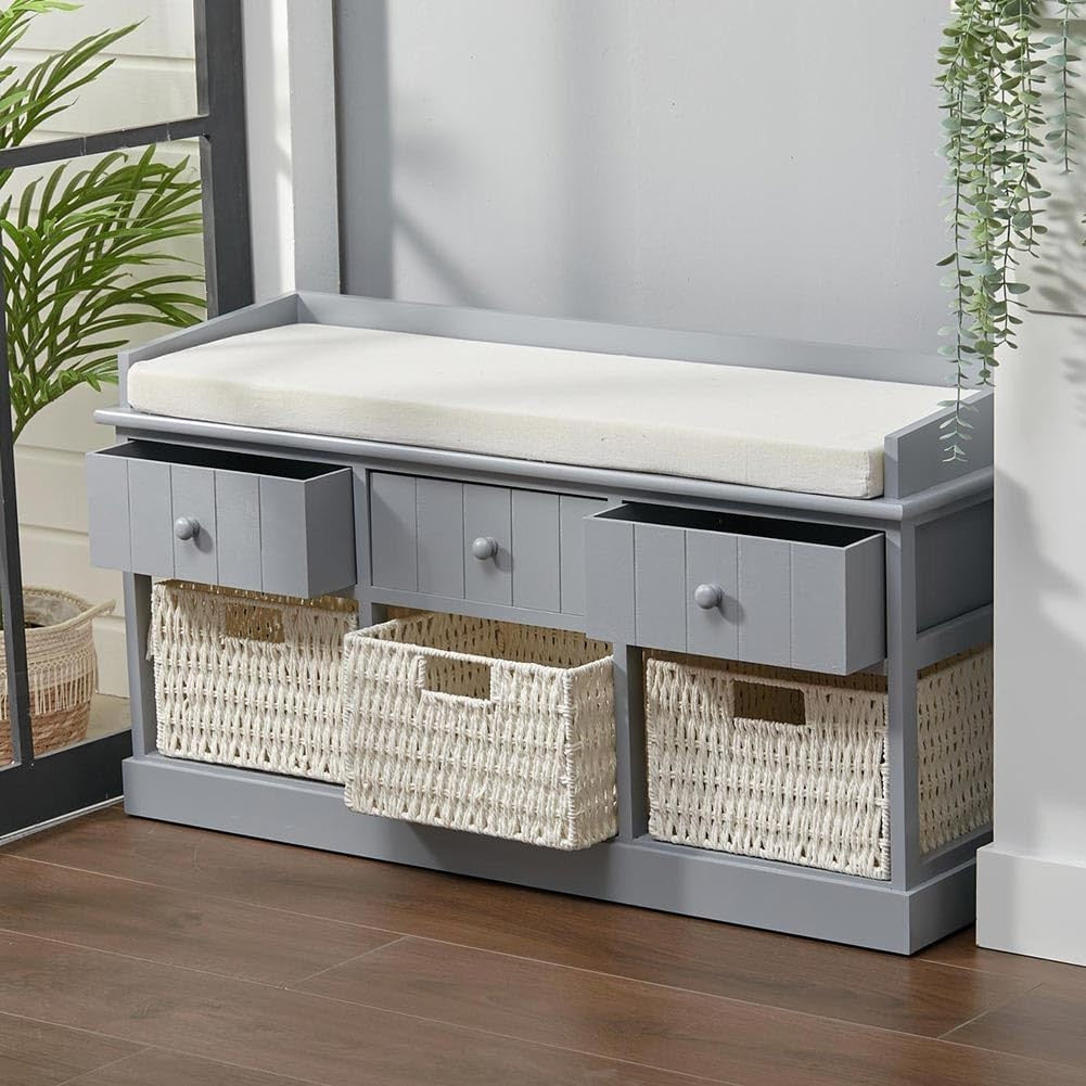 Blue-Grey Hallway Storage Bench with 3 Drawers & Wicker Baskets 100x30x50cm