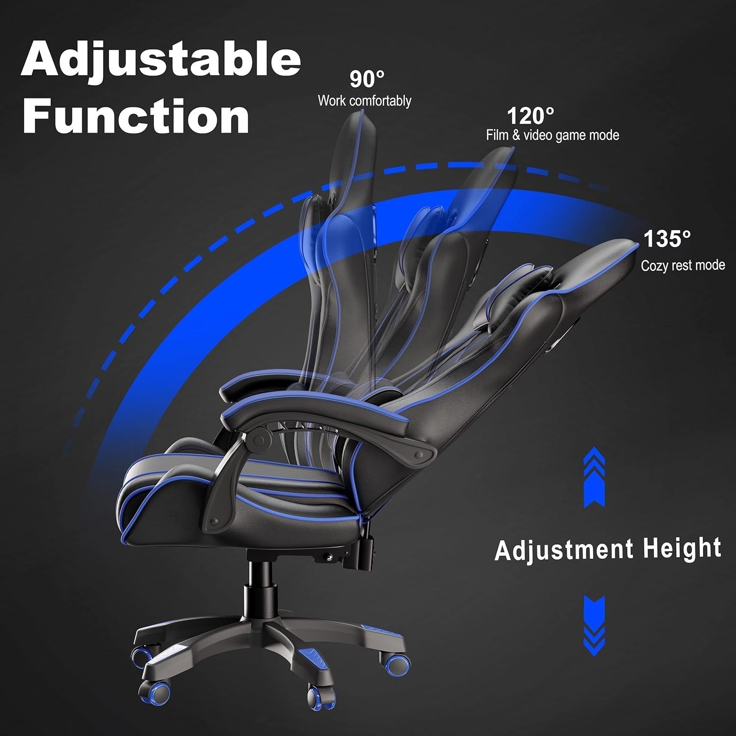 Ergonomic Gaming Office Chair Recline 90-135° Blue Faux Leather High Back 330 lb