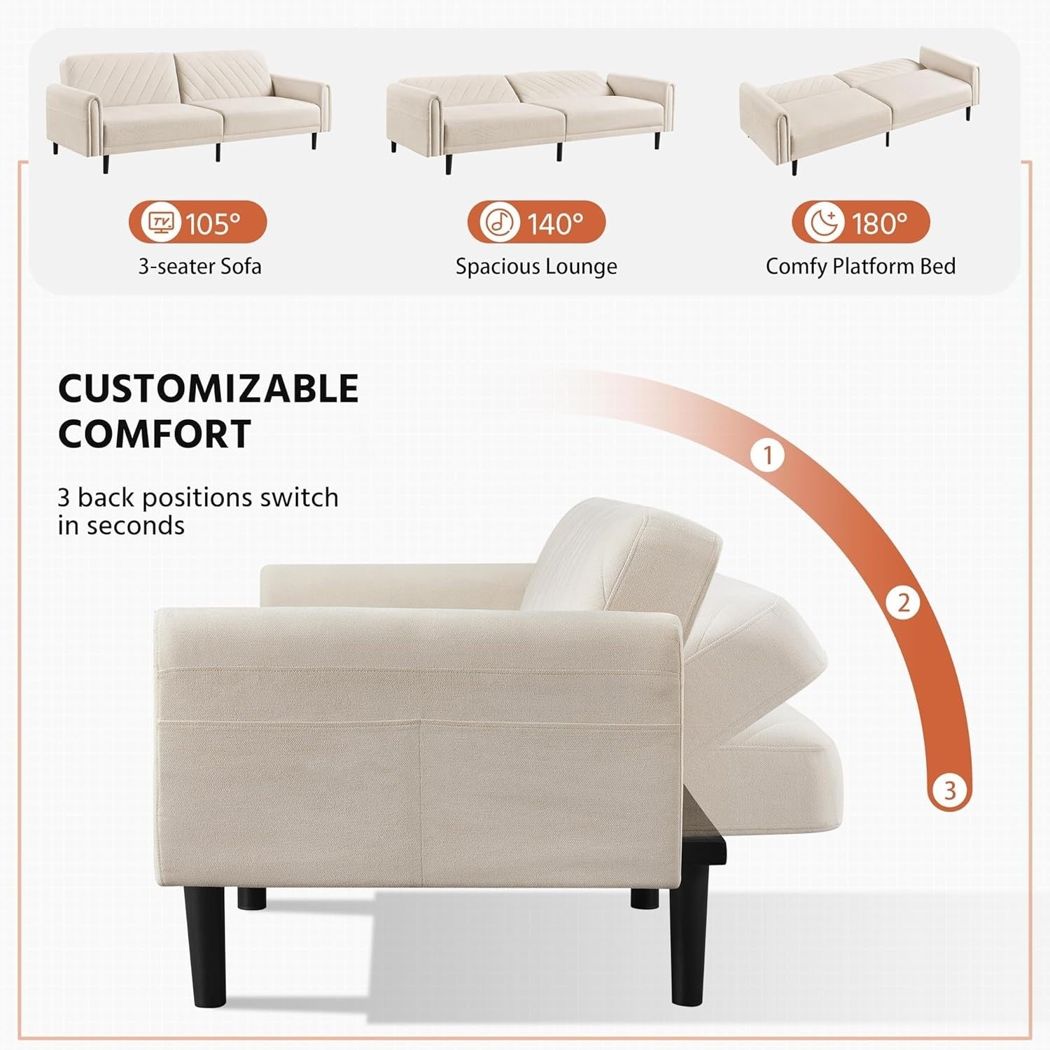 3-Seater Sofa Bed Modern Futon w/ Pockets Recliner for Lounge or Flat