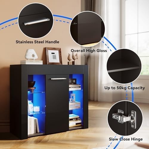 Black Gloss LED Sideboard Cabinet with Central Door & Shelves Modern TV Storage