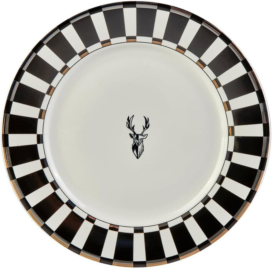 24pc Black White Dinner Set for 6 Bone China Plates Bowls Luxury Checked