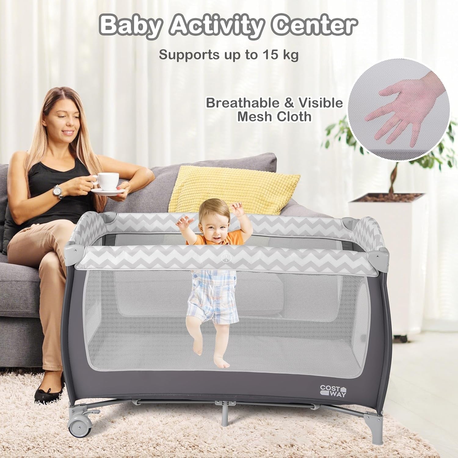 4in1 Travel Cot Baby Bedside Foldable Crib Bassinet Portable Playard Grey