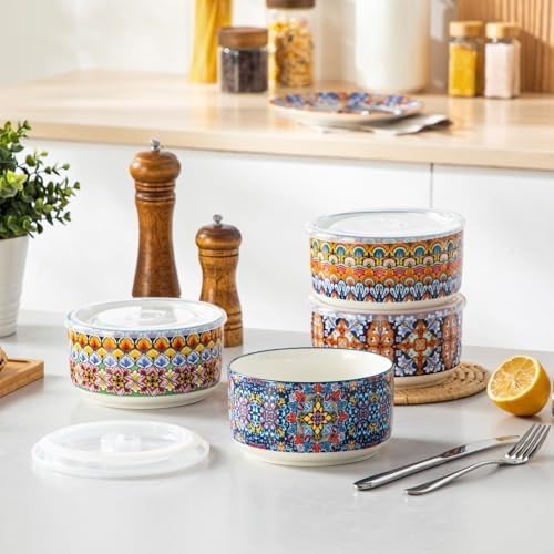 36oz Ceramic Bowls with Lids Set of 4 Bohemian Meal Prep Storage