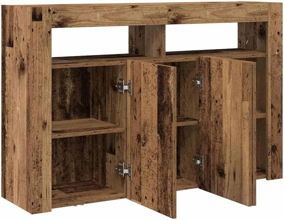 Rustic LED Wooden Sideboard Cabinet 3 Doors 8 Compartments Storage Buffet