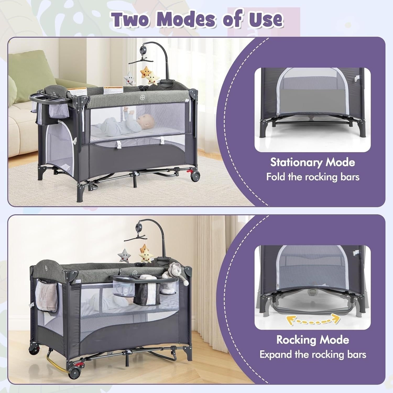 6in1 Baby Travel Cot Foldable Crib with Mattress, Changer & Storage Classic