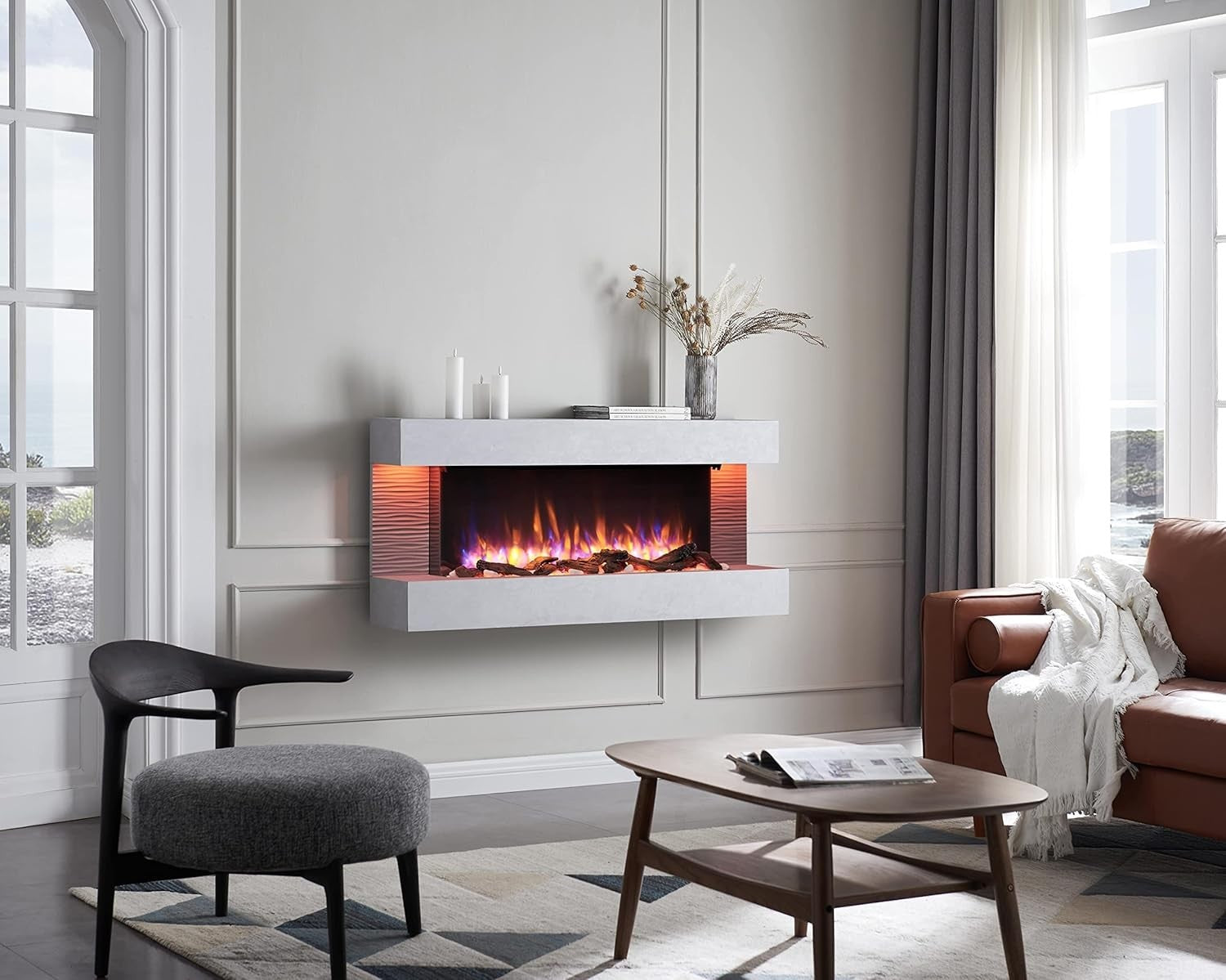 Modern Wall Mounted Electric Fireplace 3 Flame Colors 13 Mood Lights 60"