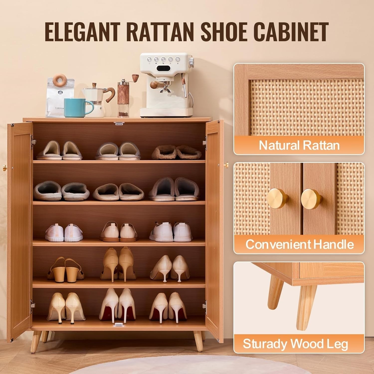 Rattan Shoe Cabinet 5 Tier Storage with Doors & Adjustable Shelves 80x34x102cm