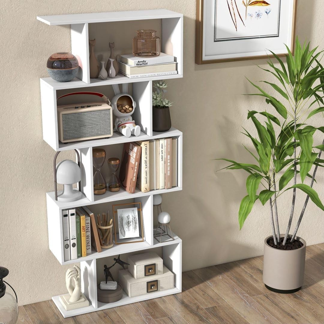 Modern S-Shape 5 Tier Bookshelf White | Freestanding Display Shelving Unit 70×15