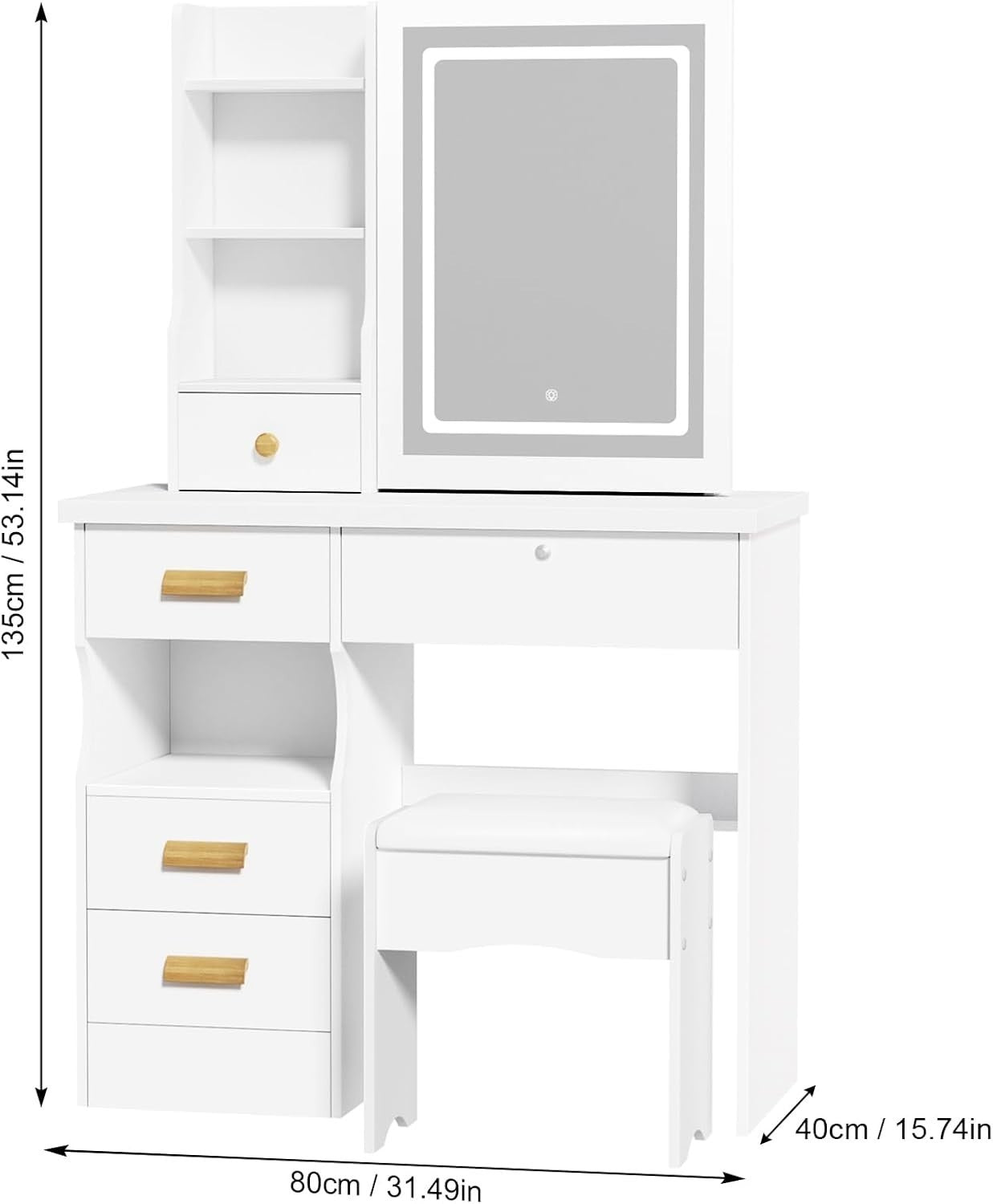 White Dressing Table Makeup Vanity Desk w/Mirror LED Lights Storage Drawers Smal