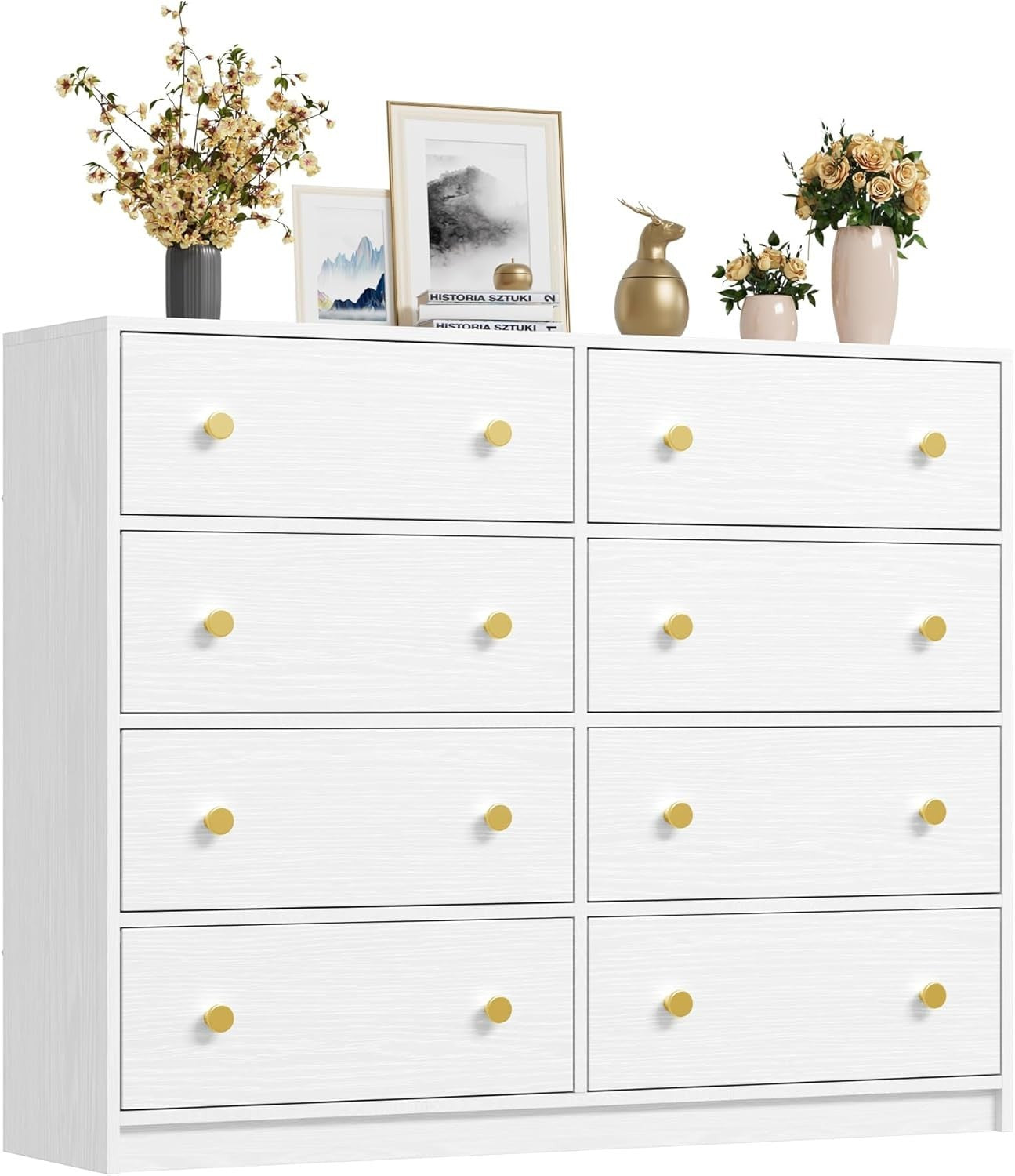 8 Drawer Chest White Fabric Storage Dresser Gold Handles Bedroom Unit