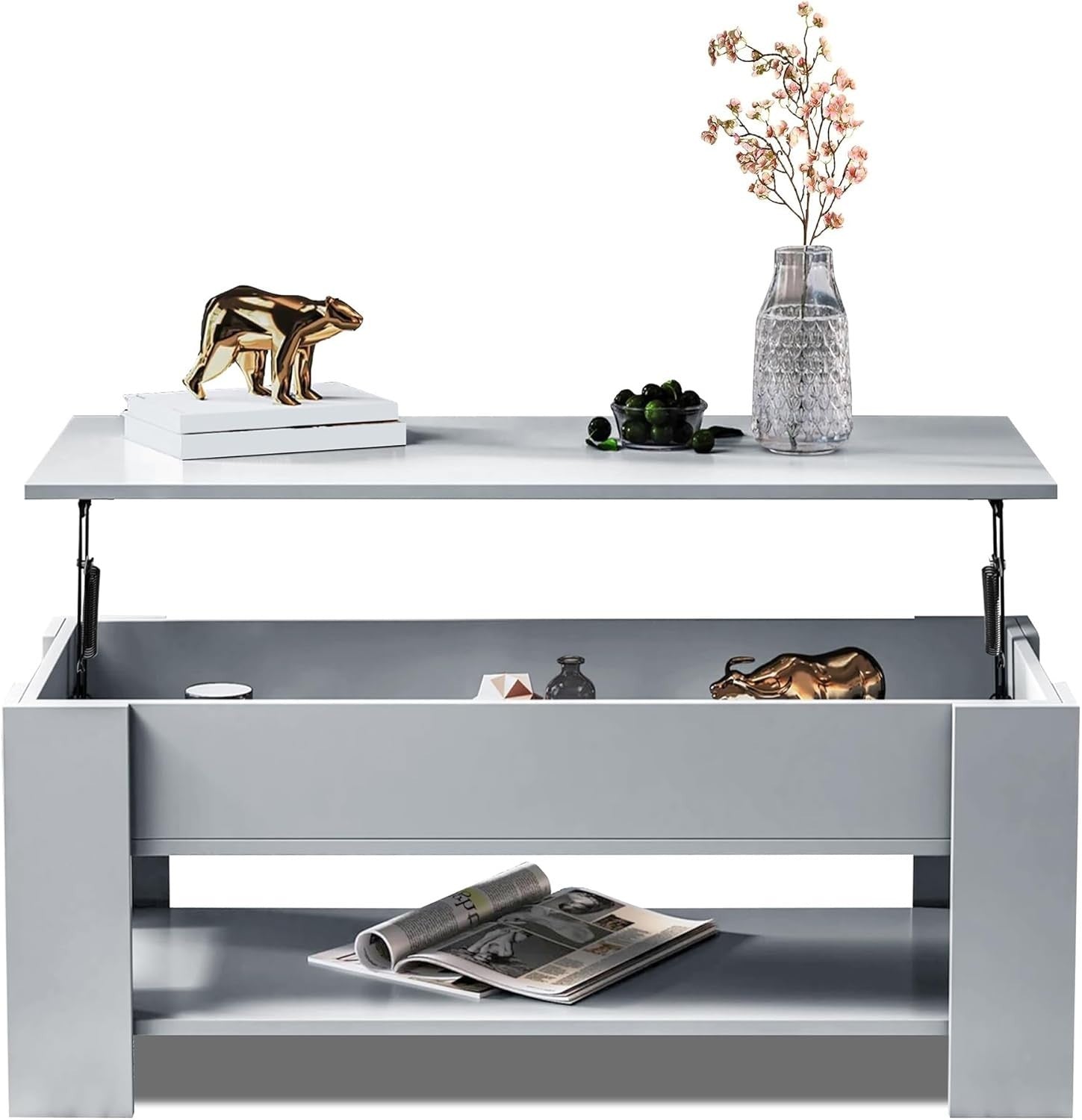 Lift Top Coffee Table with Hidden Storage – Grey Wooden Table 100x50cm