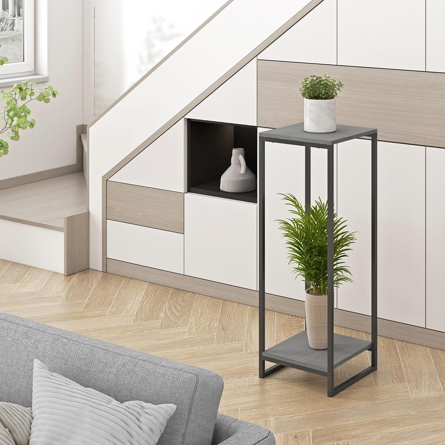 34" Tall 2 Tier Modern Plant Stand Oak Grey Indoor Corner Flower Pot Shelf