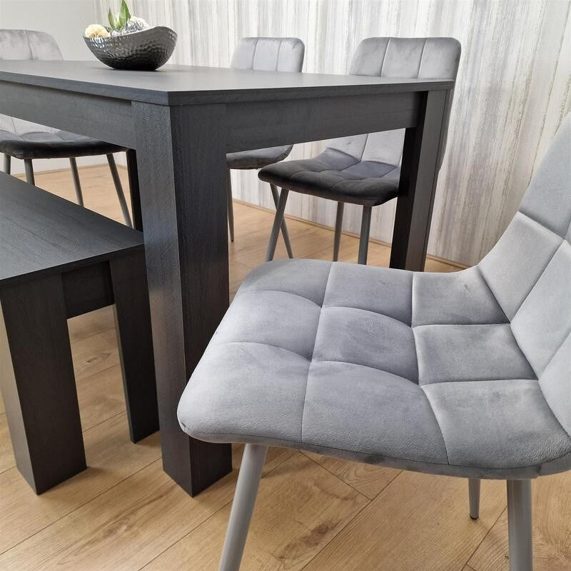 6 Seater Dining Table Set with Bench & 4 Grey Chairs – Modern Wood Effect