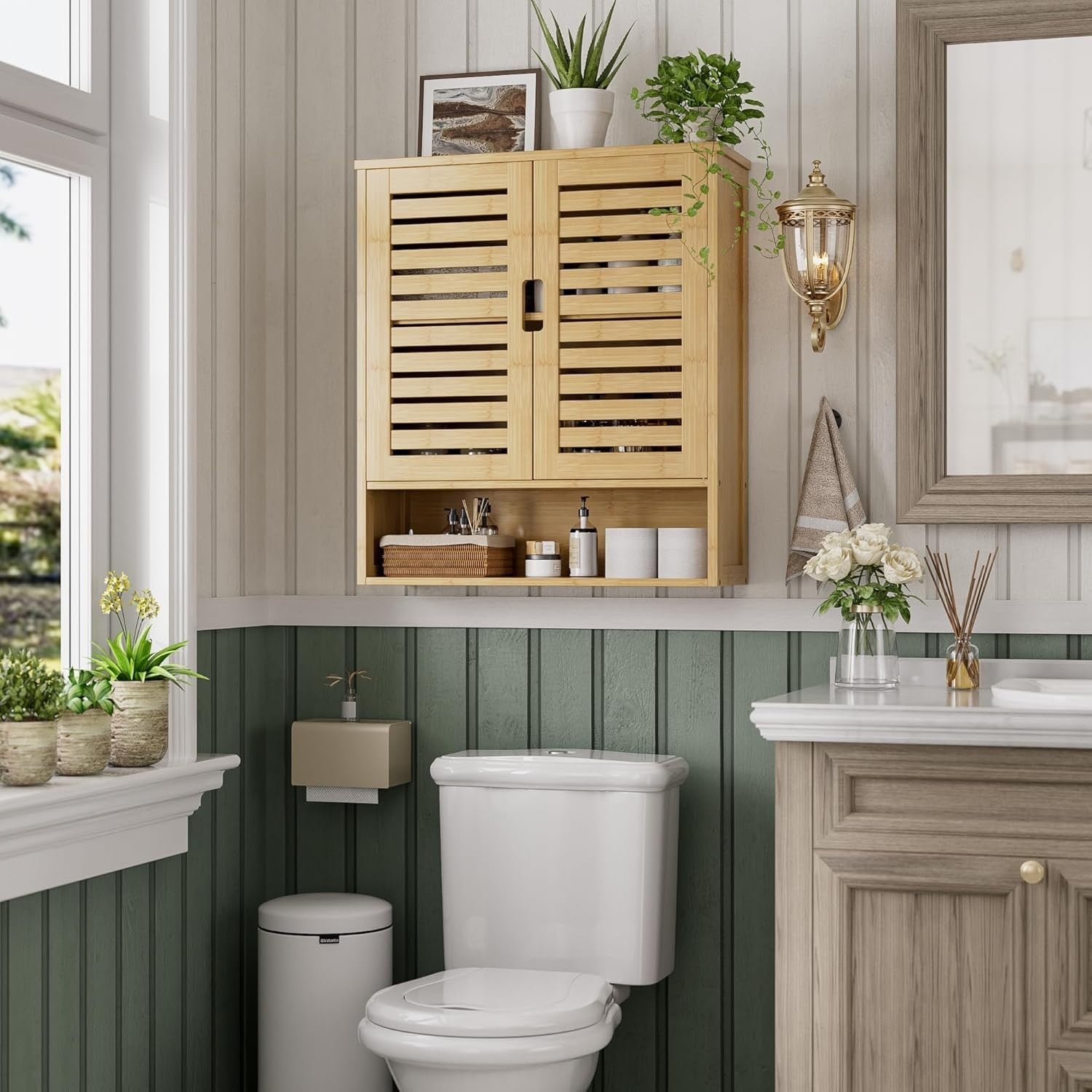 Natural Bamboo Bathroom Cabinet – Wall Mounted, Over Toilet, 2 Door Storage