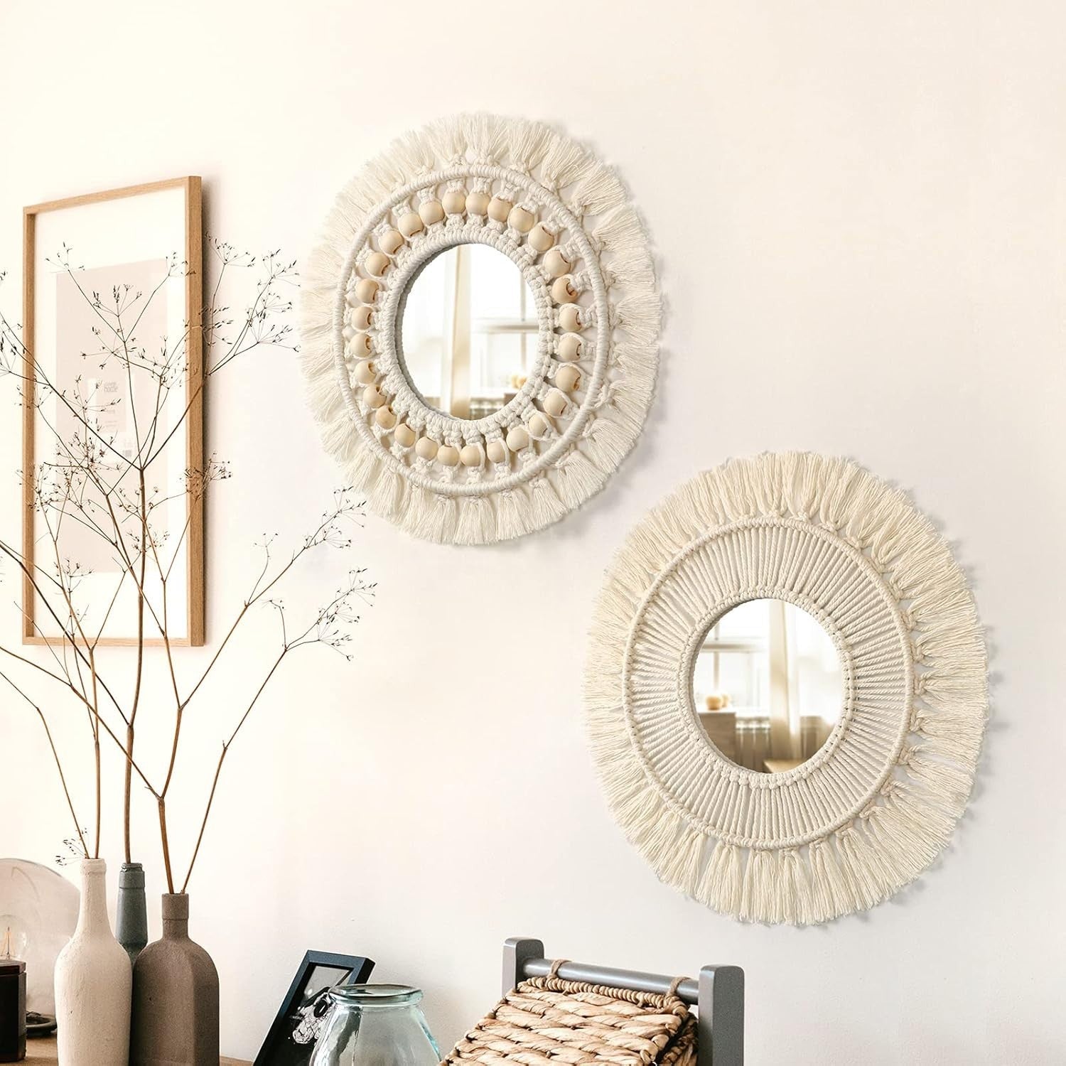 Round Boho Macrame Wall Mirror 36cm Fringe Bedroom Decor