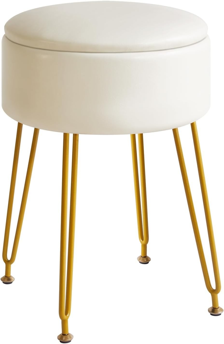 White Faux Leather Round Vanity Stool with Storage & Gold Metal Legs