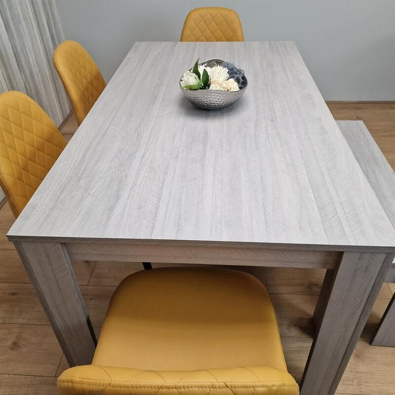 6 Seater Light Grey Dining Table Set with Mustard Chairs & Bench, MDF