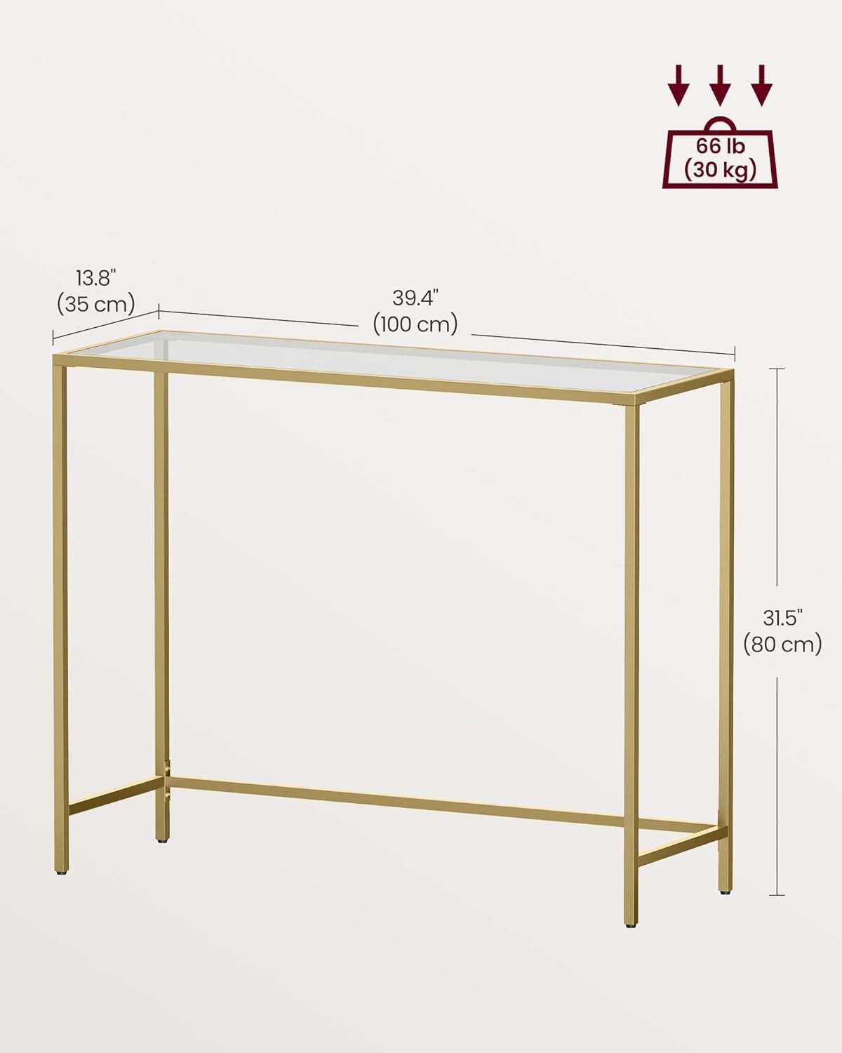 Gold Console Table Tempered Glass Top | Slim 100x35.5x80cm Metal Frame Hallway