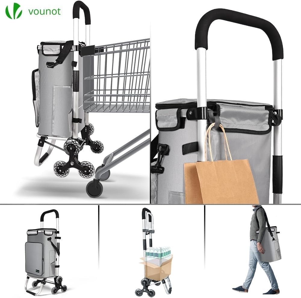 60L Folding 6-Wheel Grocery Cart Grey Stair Climbing Shopping Trolley