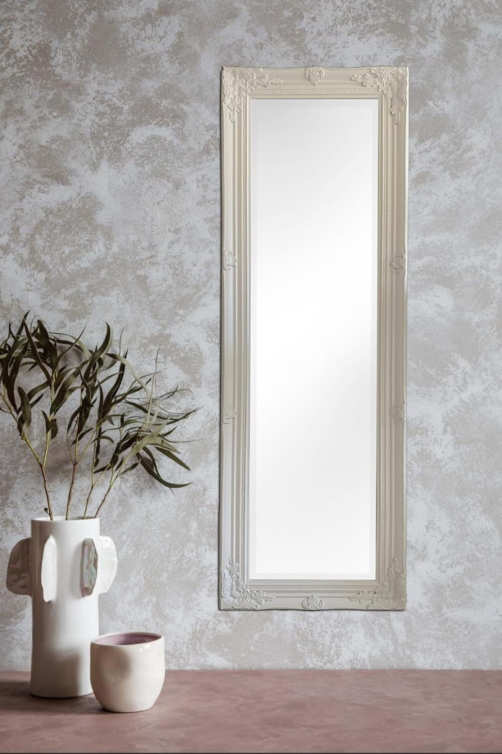 Tall White Wall Mirror 142x47cm with Bevelled Glass, Classic Wood Frame